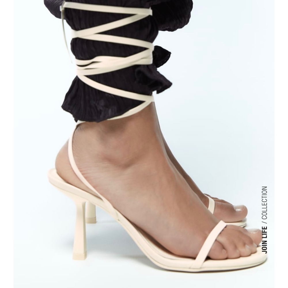 Zara Tied Leather Heeled Sandals Size 6